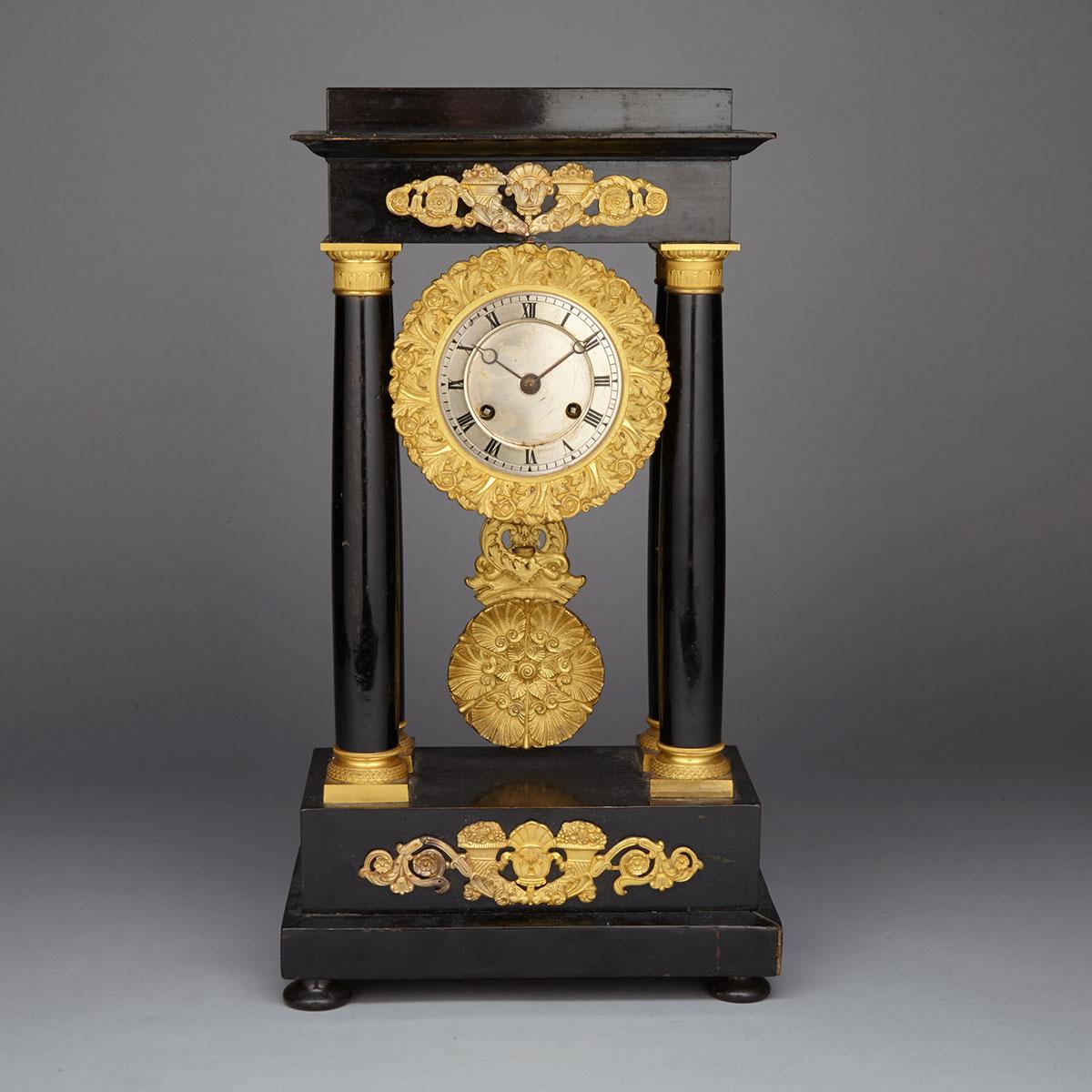 French Empire Style Ormolu Mounted Ebonized Portico Clock, c.1870
