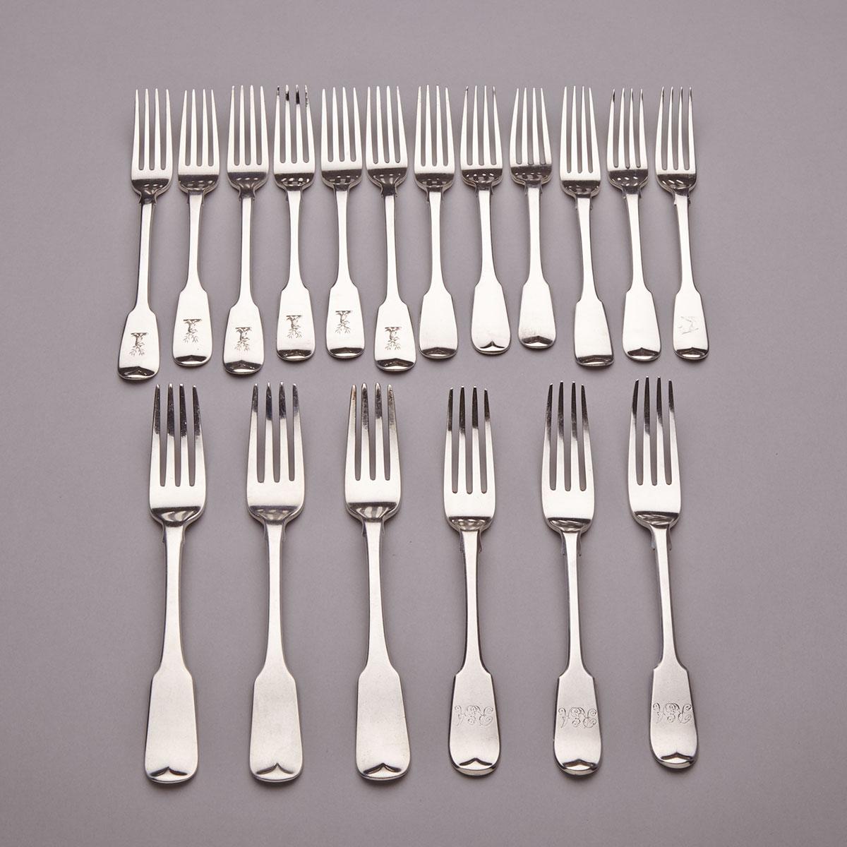 Six George IV Irish/Victorian Scottish  Silver Fiddle Pattern Table Forks, James England for Matthew West (3) and James McKay, Edinburgh, 1838/40 (3) and Twelve Georgian Silver Dessert Forks, various makers, London, 1815-35