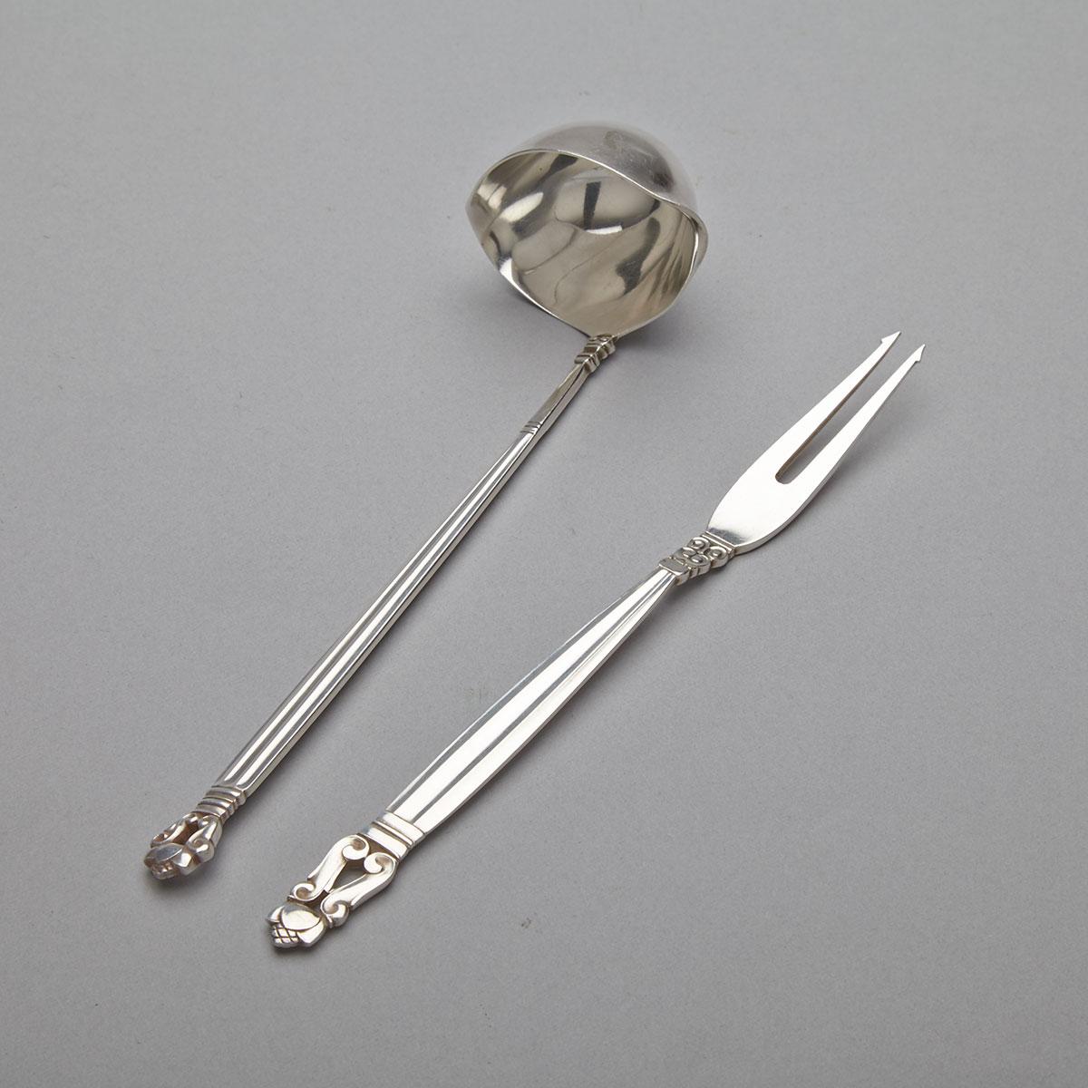 Danish Silver ‘Acorn’ Pattern Sauce Ladle and a Pickle Fork, Georg Jensen, Copenhagen, 20th century
