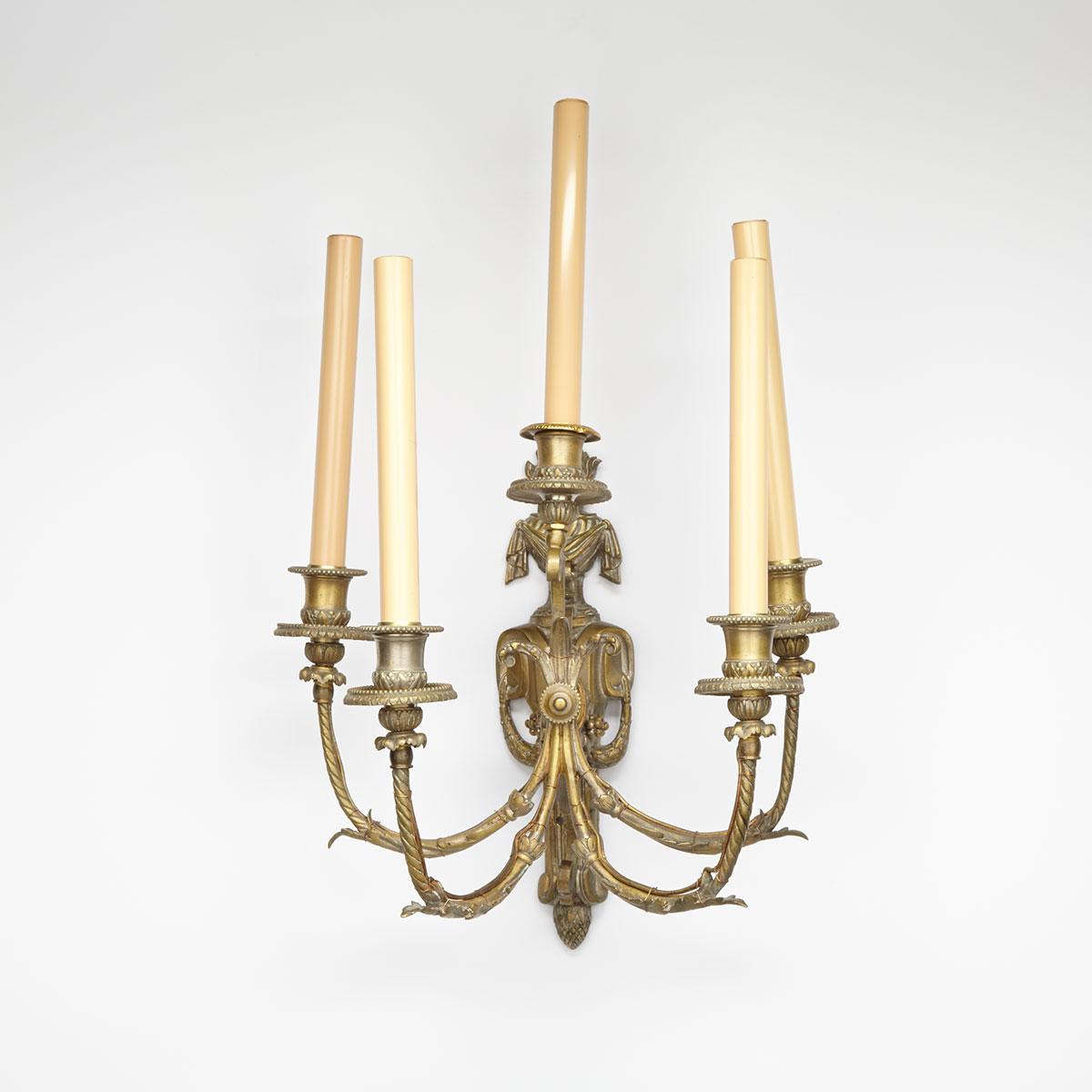 French Silvered Bronze Five Light Wall Sconce, 19th/early 20th century