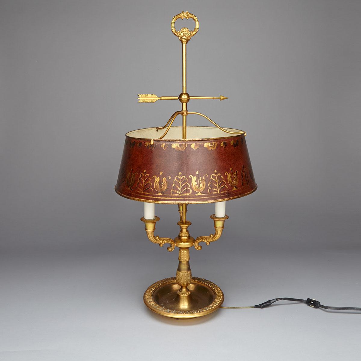 French Gilt Bronze Three Light Bouillotte Table Lamp, mid 20th century