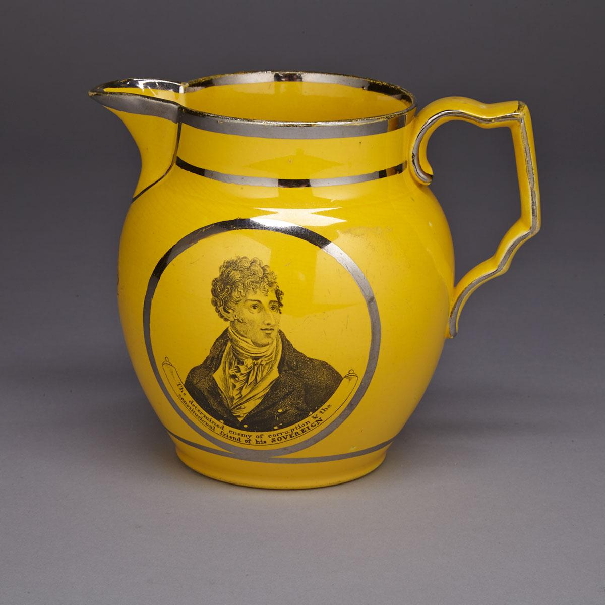 Staffordshire Yellow-Ground Silver Lustre ‘Burdett’ Jug, c.1810
