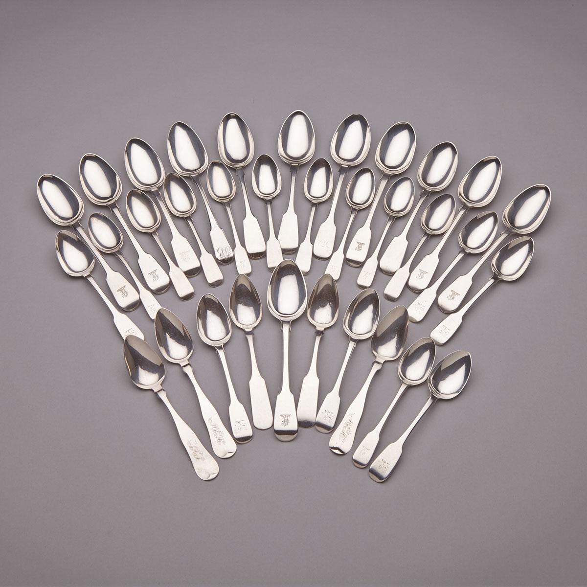 Twelve Georgian/Victorian Silver Fiddle Pattern Dessert Spoons and Sixteen Tea Spoons, various makers, together with Five American Tea Spoons, 19th century 