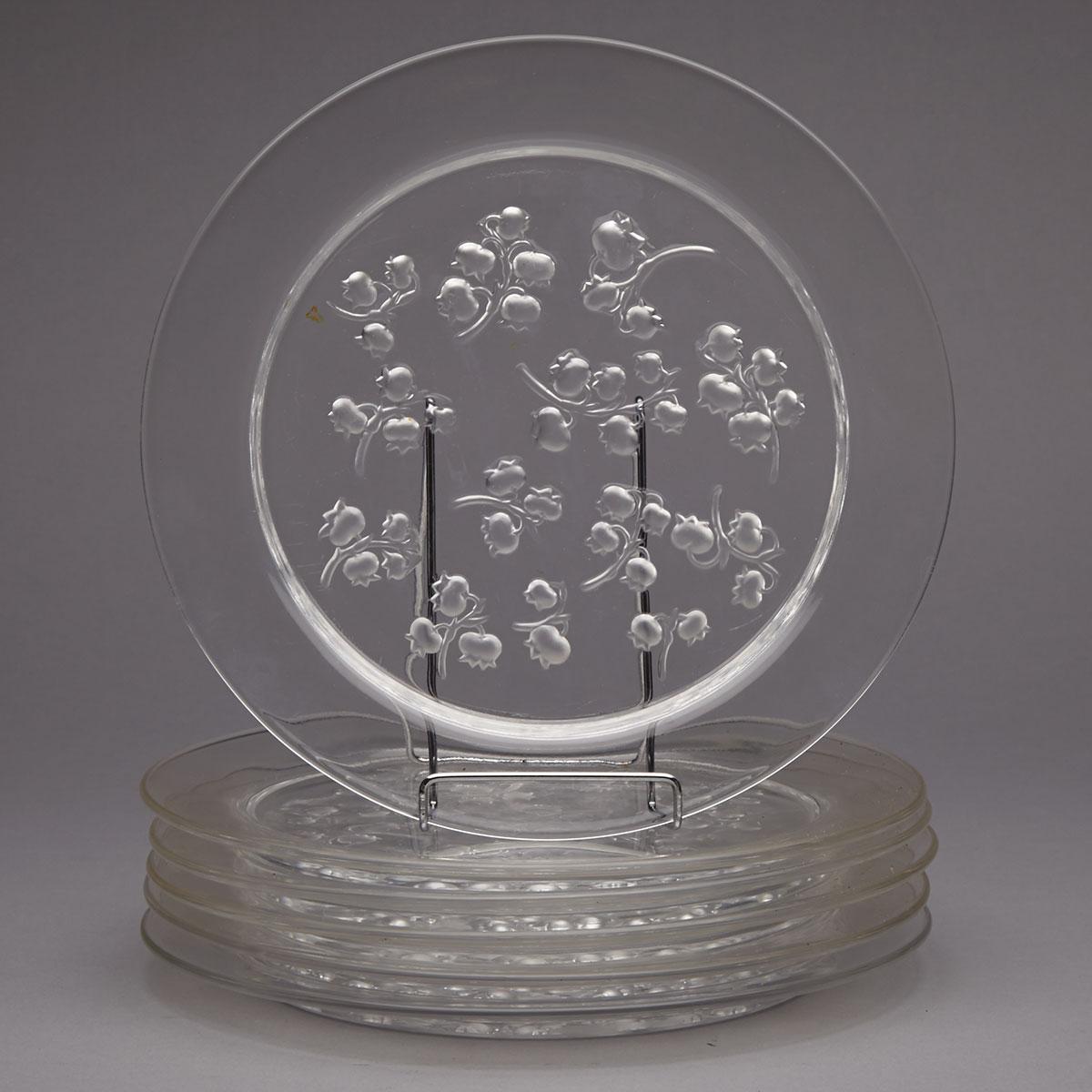 'Muguet', Six Lalique Moulded and Partly Frosted Glass Plates, post-1945