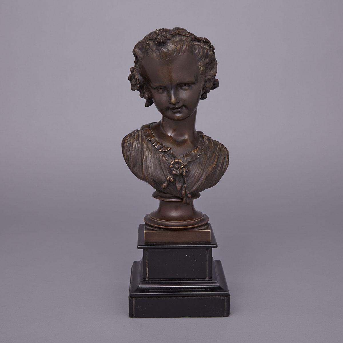 Small French Bronze Bust of a Young Girl, after the model by Émile Victor Blavier (b.1821), late 19th century
