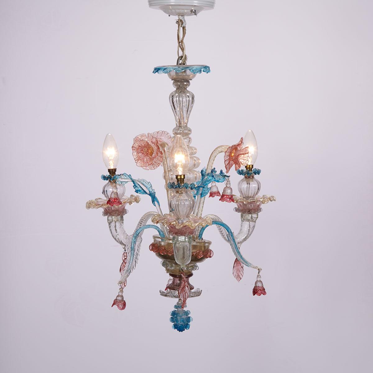 Small Venetian Murano Glass Three-Light Hall Chandelier, mid 20th century