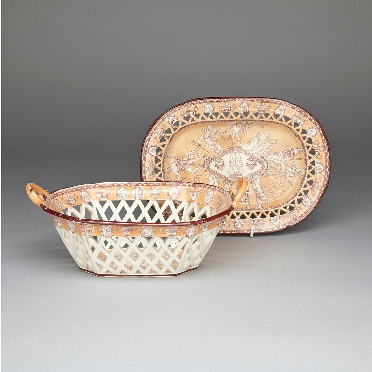 English Pearlware Oblong Chesnut Basket and Stand, c.1800