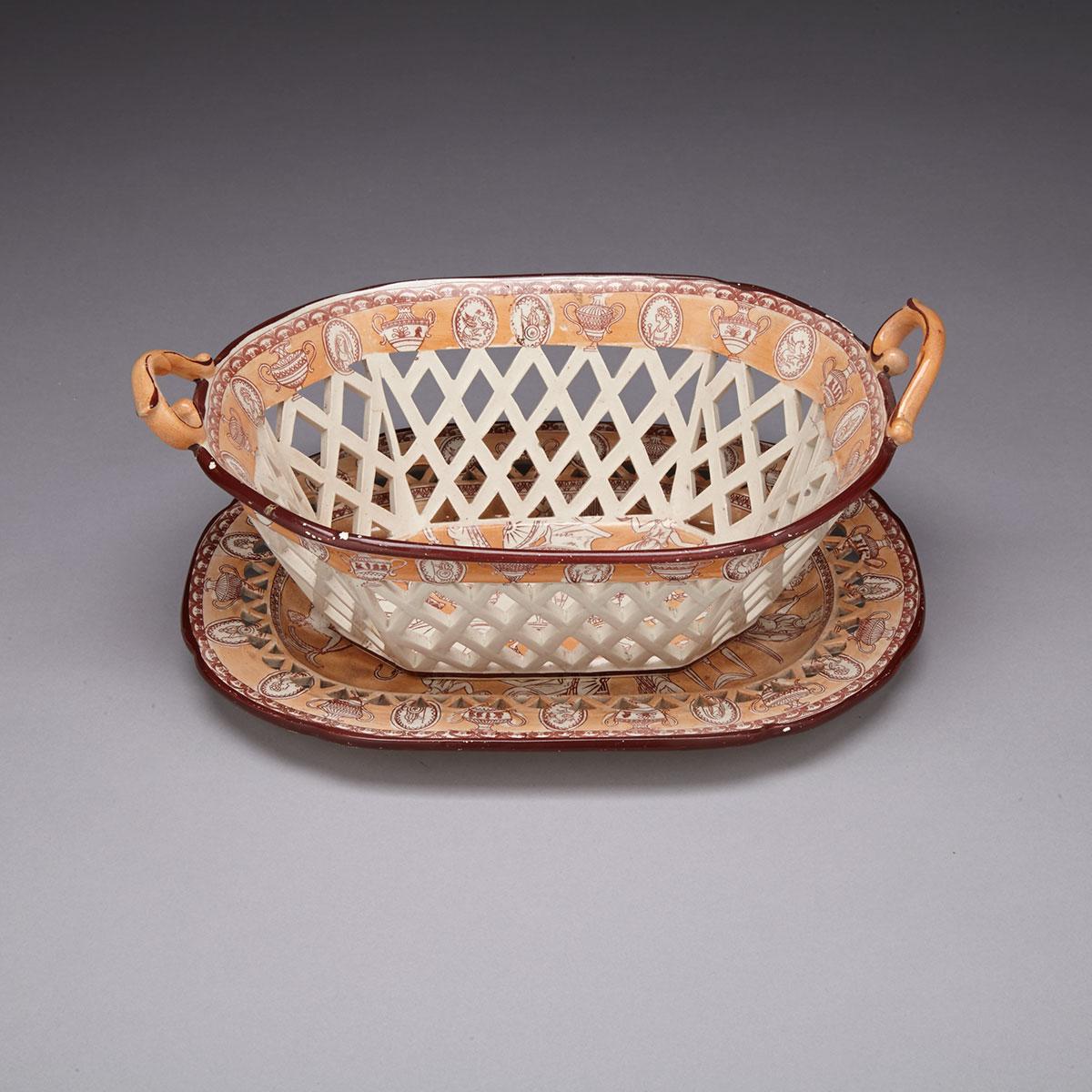English Pearlware Oblong Chesnut Basket and Stand, c.1800