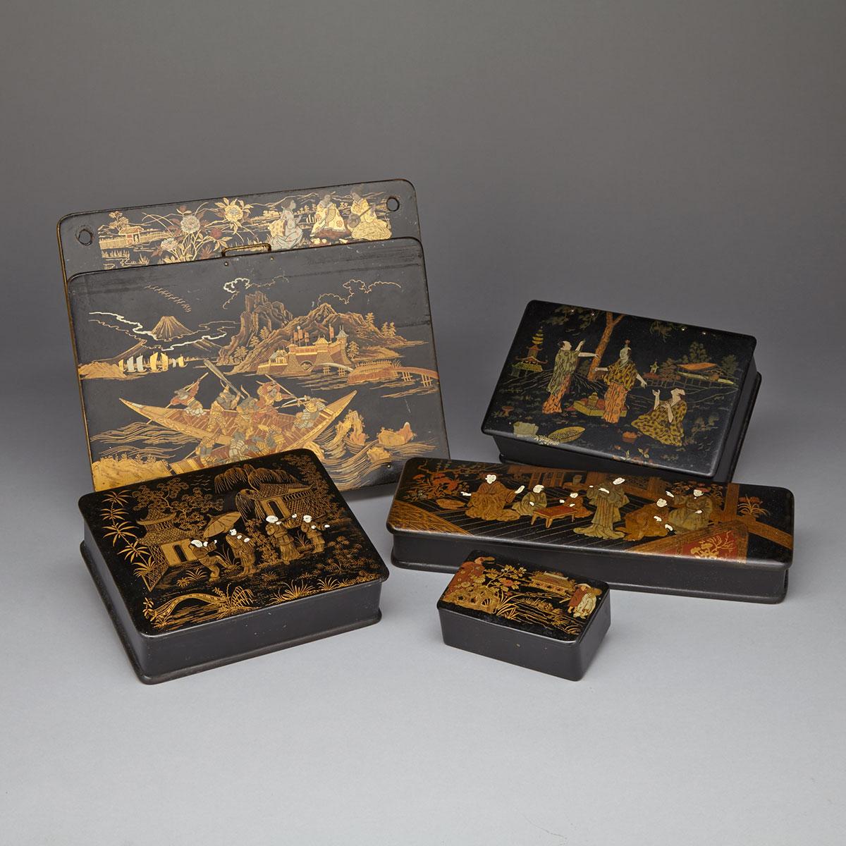 GROUP OF five CHINOISERIE lacquered PAPIER MACHÉ ITEMS, 19TH CENTURY