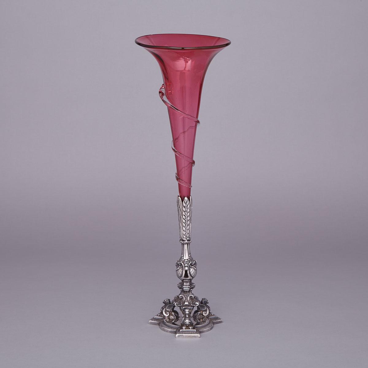 Victorian Cranberry Glass Trumpet Vase on Silver Plated Stand, 19th century