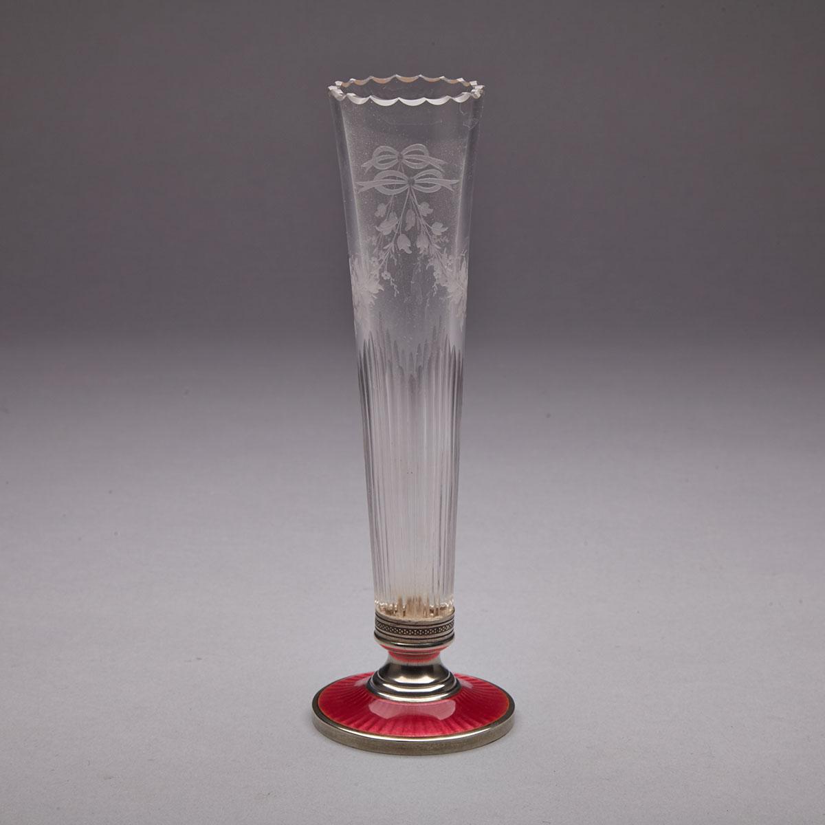 French Silver and Rose Guilloche Enamel Mounted Cut and Etched Glass Vase, Dreyfous, Paris, early 20th century