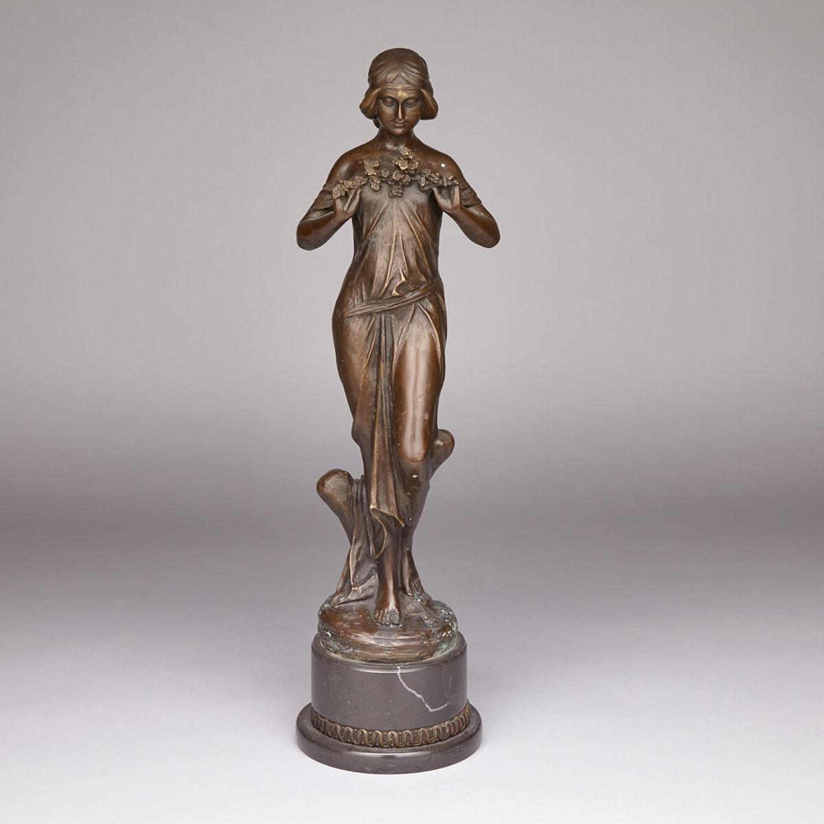 Continental Art Nouveau Style Patinated Bronze Figure of a Young Woman, 2nd half, 20th century