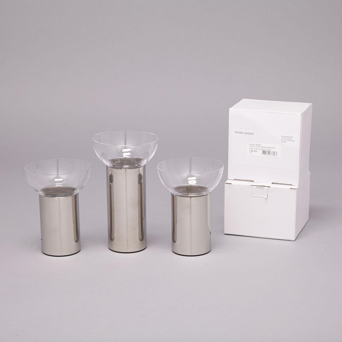 Three Georg Jensen ‘Olympia’ Stainless Steel and Glass Candle Holders, late 20th century