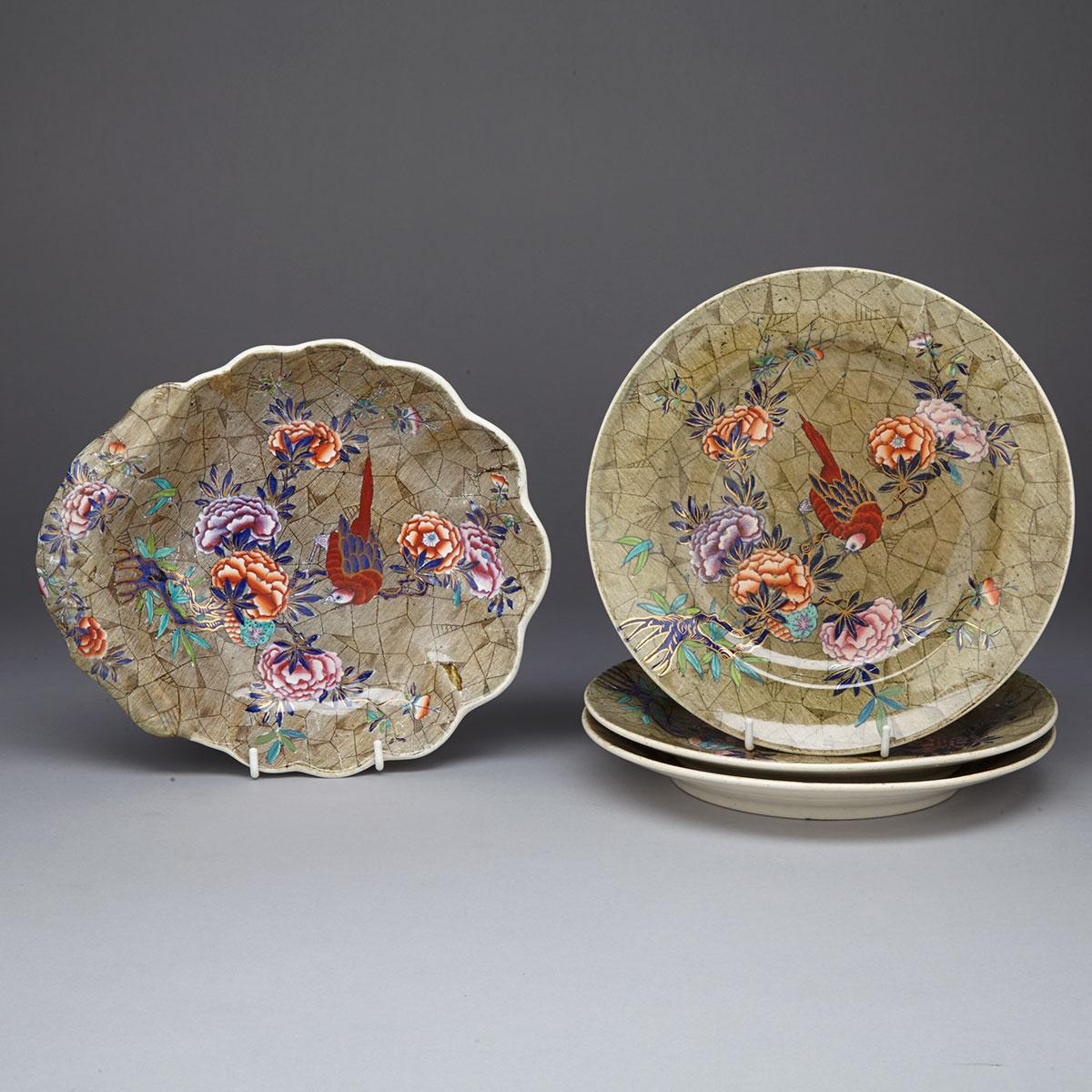 Three Spode Pearlware ‘Tumbledown Jack’ Pattern Plates and a Shell Dish, c.1820
