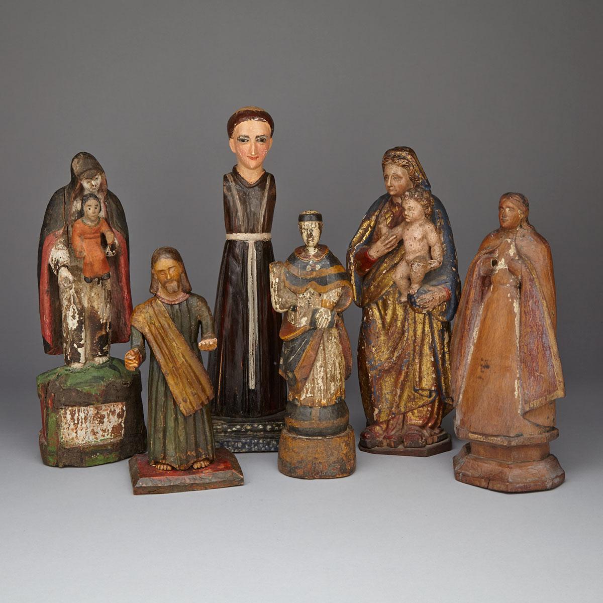 Group of SIx Spanish Colonial and Continental Carved and Polychromed Santos Figures, 19th century and earlier