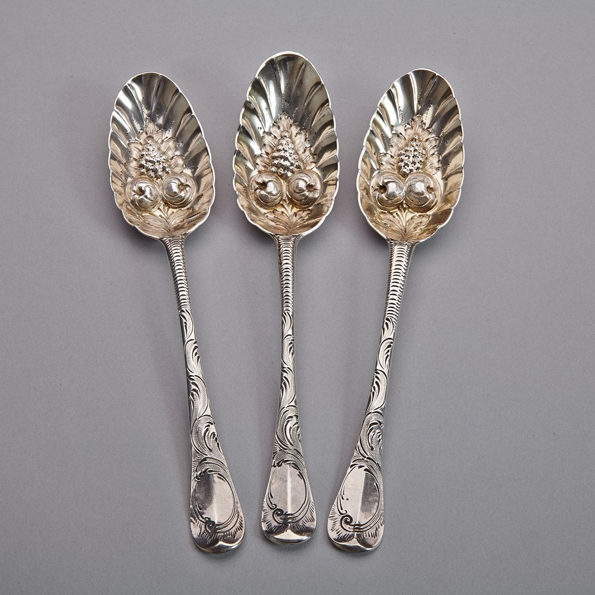 Three Early Georgian Silver Berry Spoons, London, 1713-29