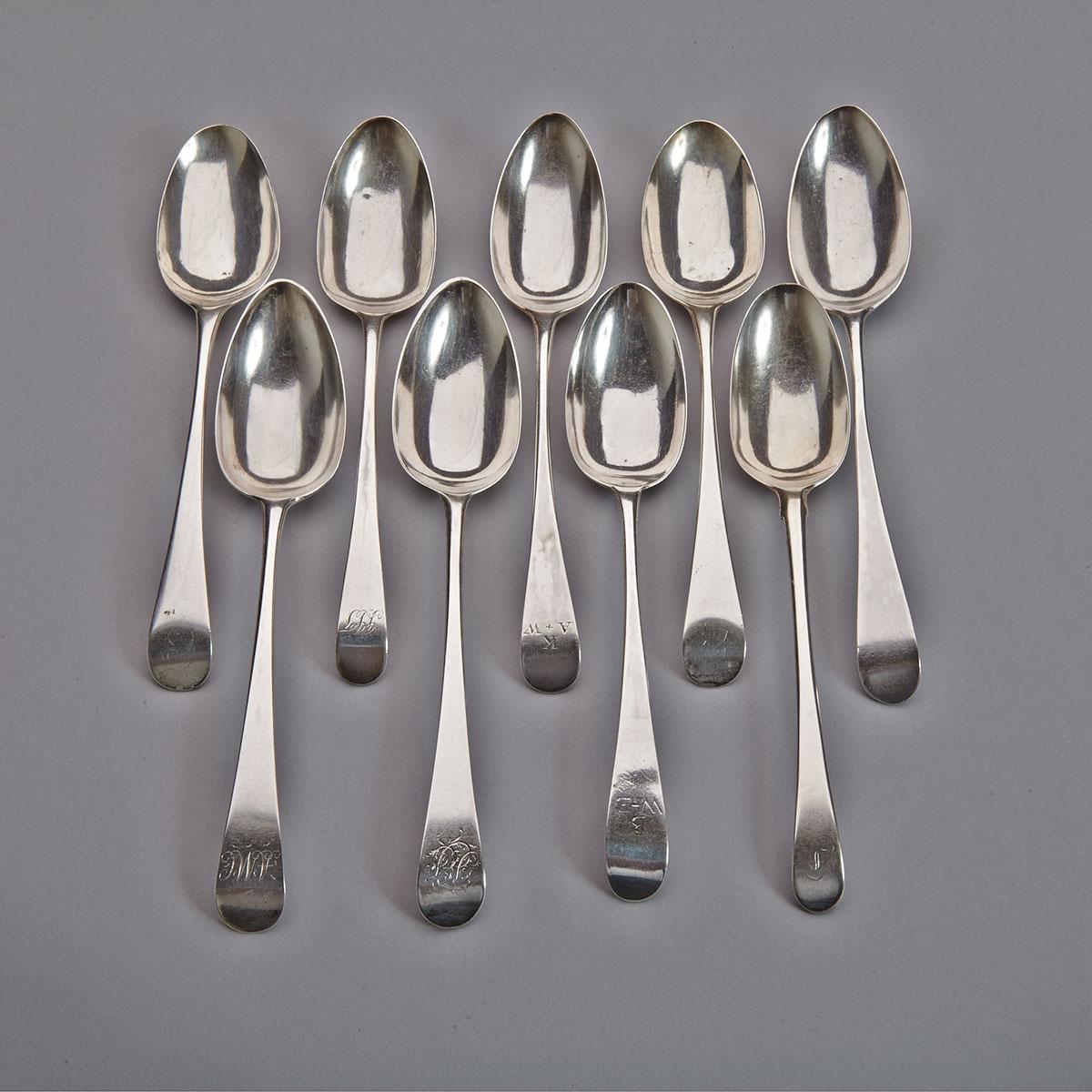 Nine George III Silver Old English Pattern Table Spoons, Hester Bateman, London, 1778-90