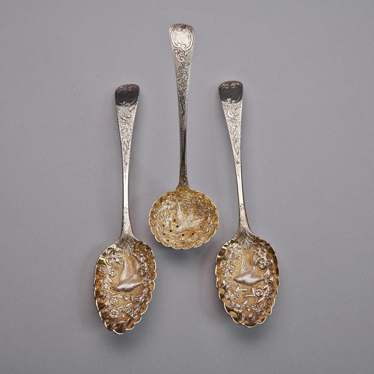 Pair of George III Silver Berry Spoons and a Sugar Sifting Ladle, Peter, Ann & William Bateman and Samuel Eaton, London 1803 and 1763