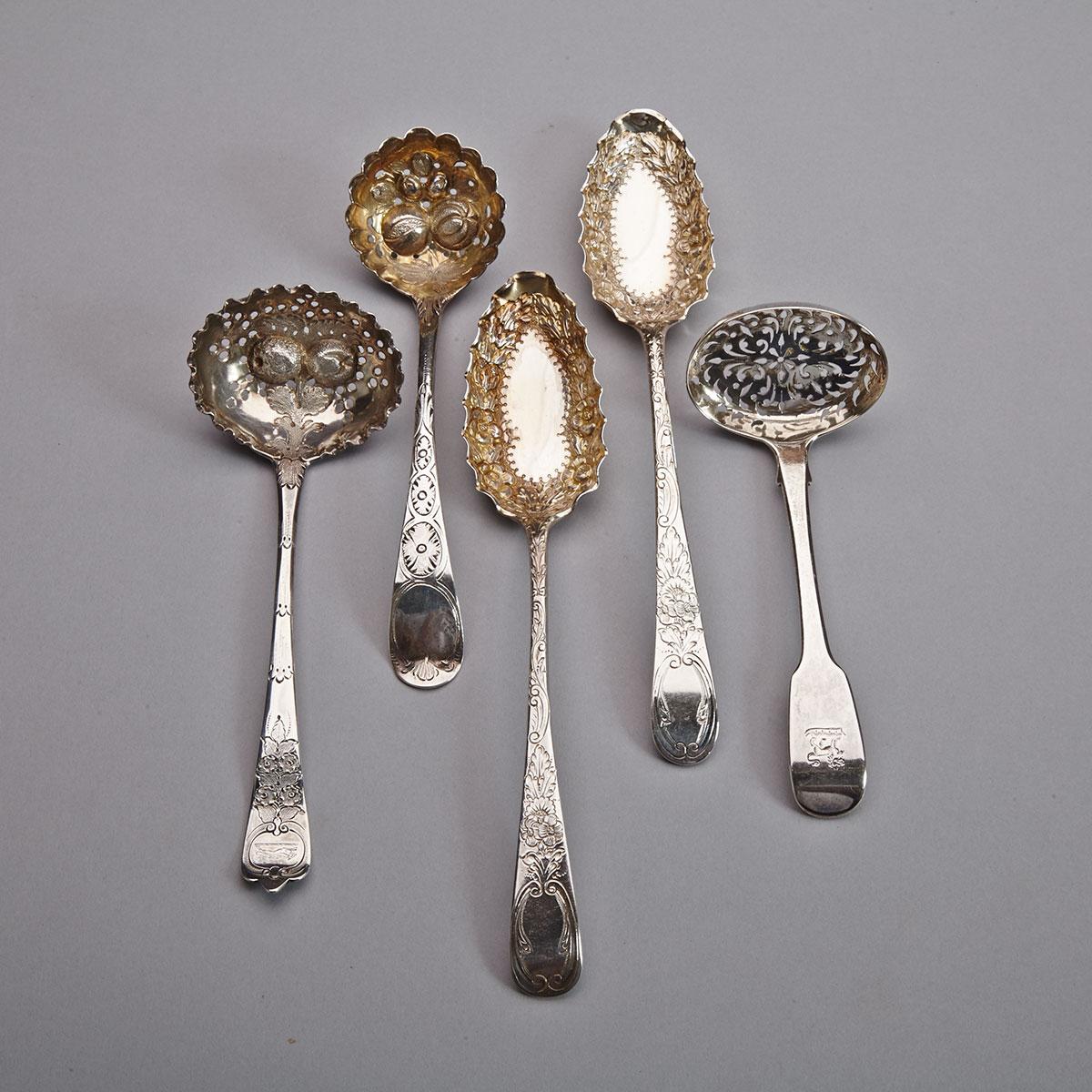 Two Georgian Silver Berry Spoons and Three Sugar Sifting Ladles, London, 1724-1831