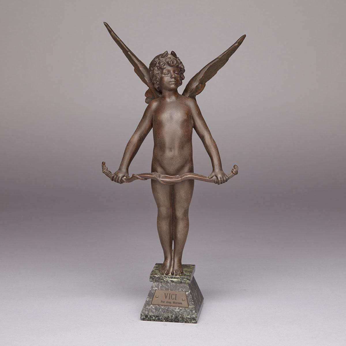 French Patinated Metal Figure of Cupid, ‘Vici’, after Auguste Moreau, 19th century