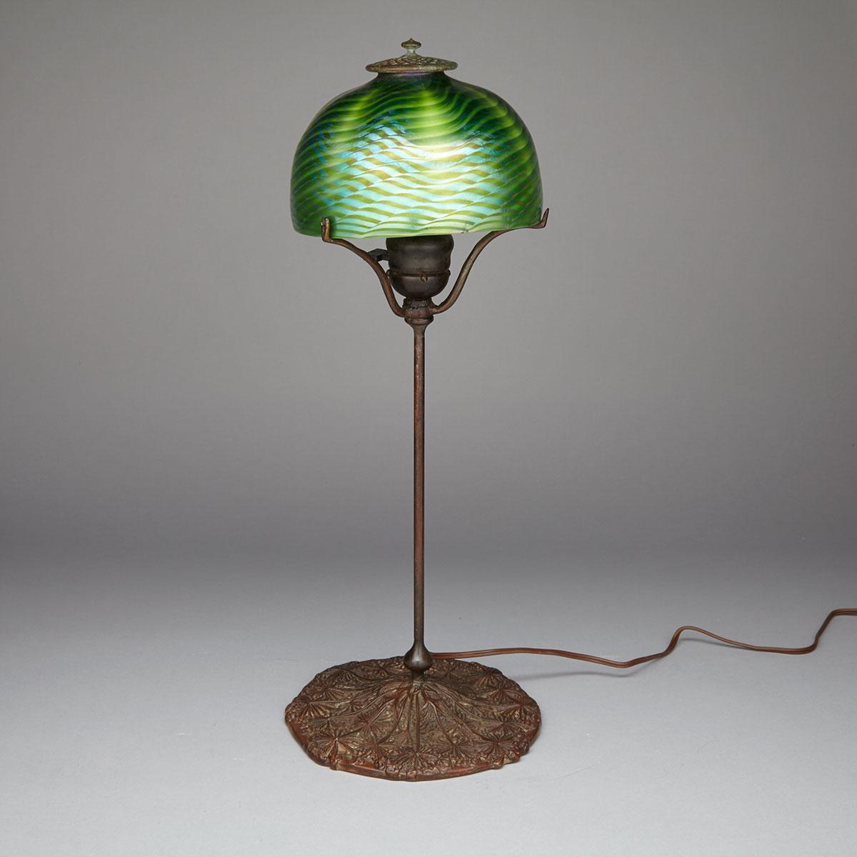 Tiffany Favrile Glass Lamp Shade on Bronze Tiffany Style ‘Wild Carrot’ Base, early 20th century