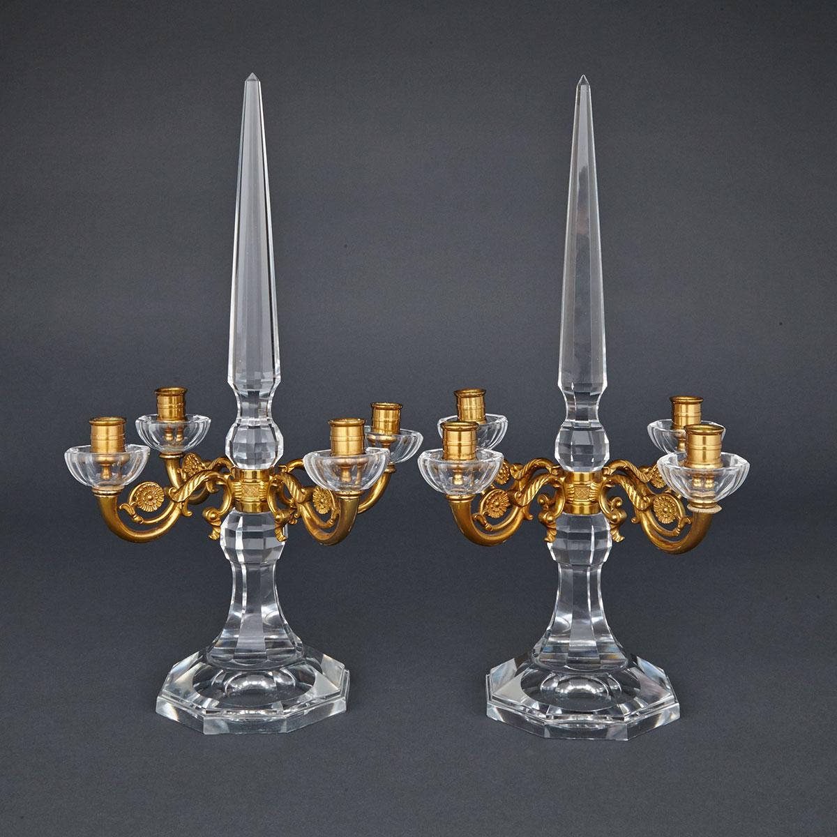 Pair of French Cut Glass and Gilt Brass Four-Light Candelabra, 20th century