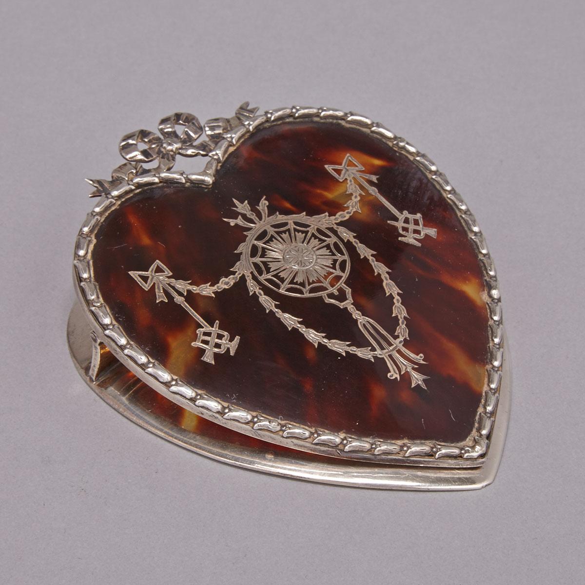 Edwardian Engraved Silver and Tortoiseshell Heart Shaped Paper Clip, William Comyns, London, 1907