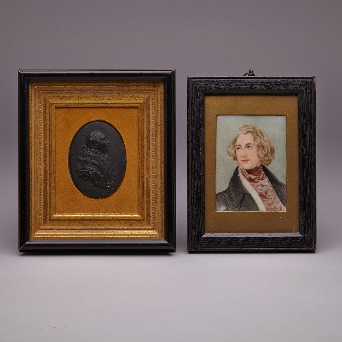 English Portrait Miniature on Ivory of a Young Gentleman, early 19th century and a Plaster Relief Oval of George III, 20th century