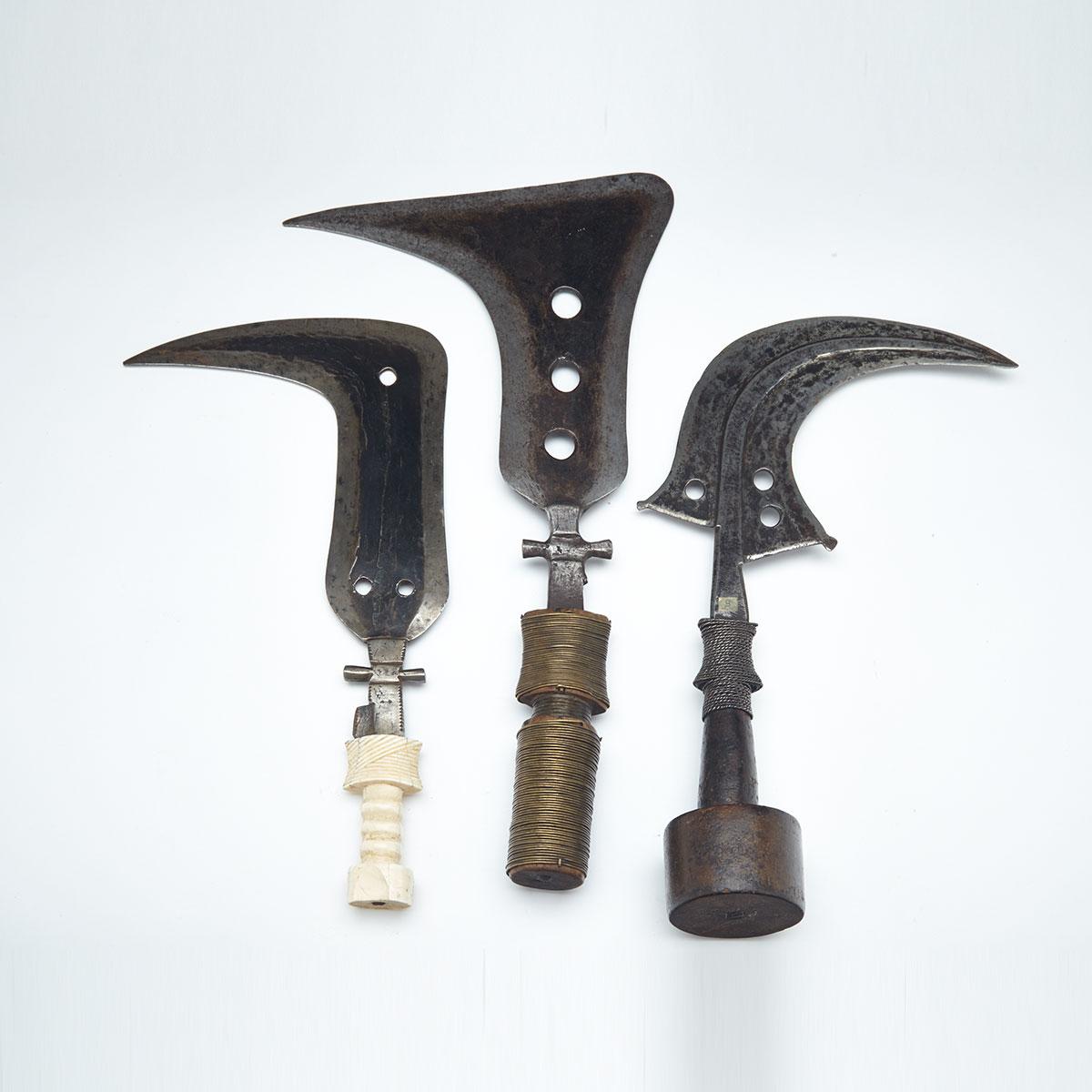 Three African Mangbetu Sickle Knives, late 19th/early 20th century