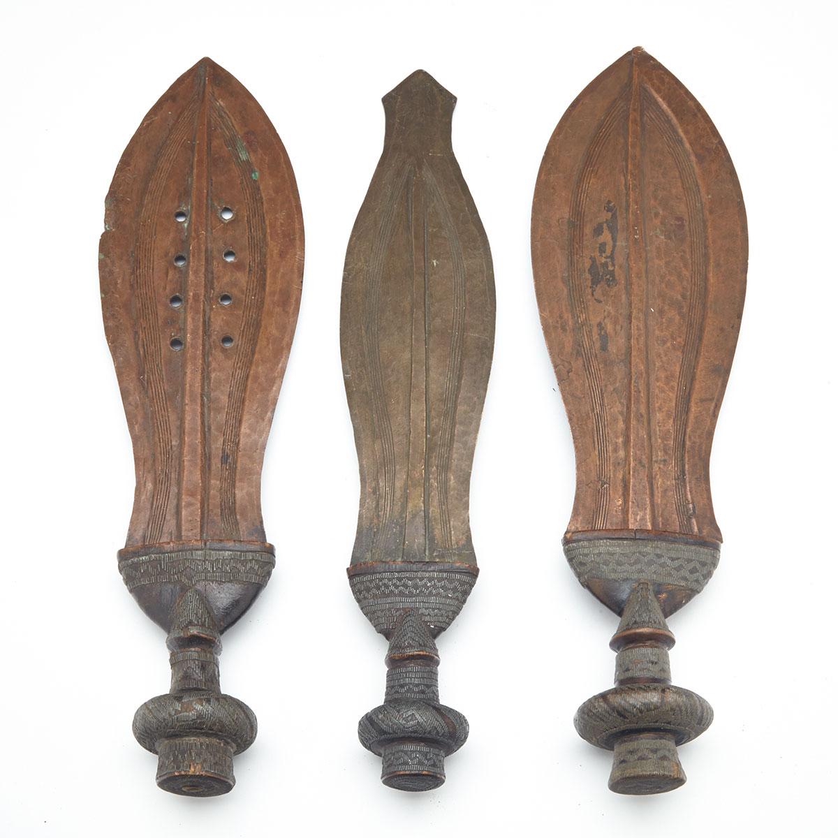 Three African Kuba Ceremonial Prestige Knives (Ikula), early 20th century