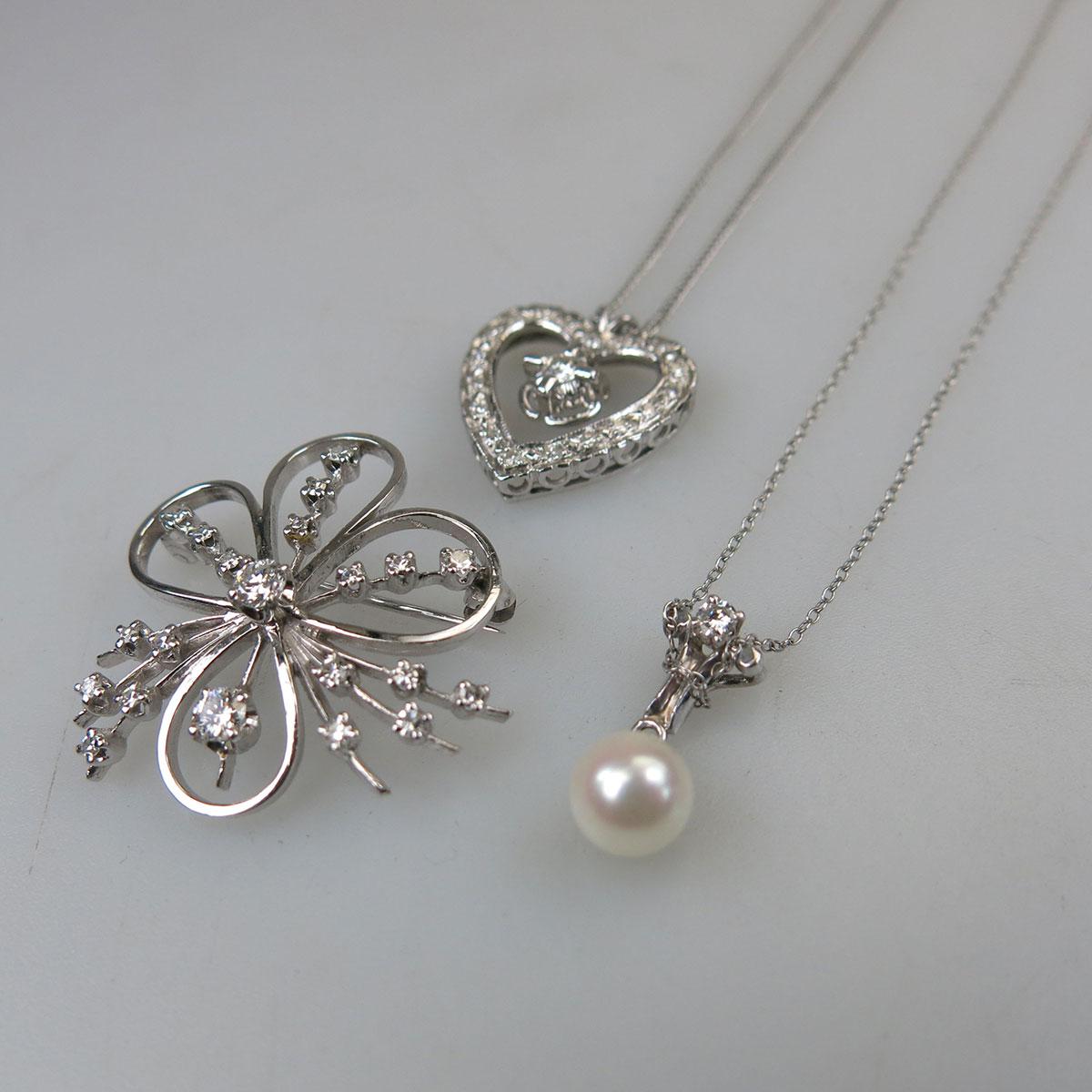 14k White Gold Chain, Pendant And Brooch