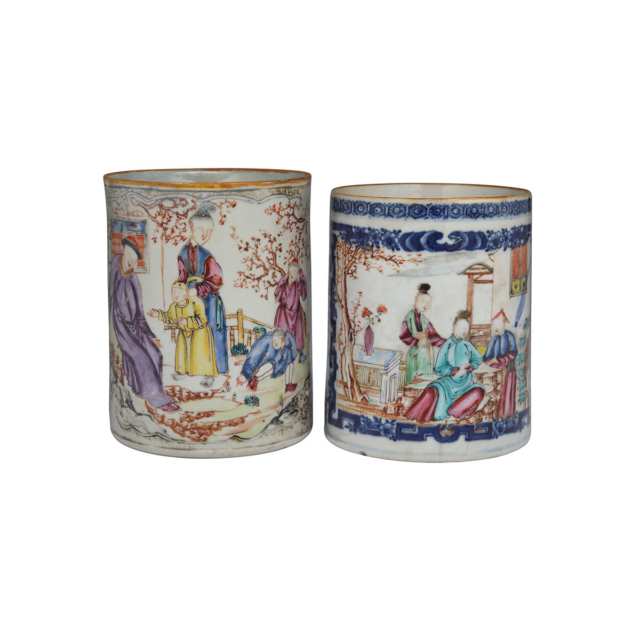 Two Export Canton Rose Beer Steins, 18th Century