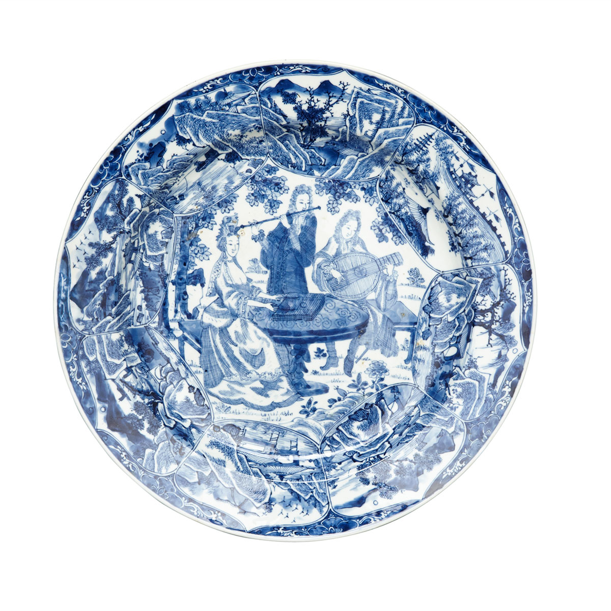 Rare and Large Export Blue and White ‘Three Musicians’ Plate, Kangxi Period, circa 1683-1700