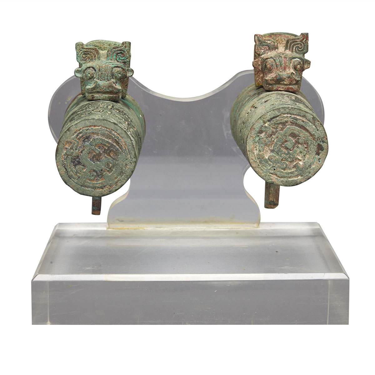 Pair of Bronze Chariot Axle Caps and Pins, Western Zhou Dynasty, 11th to 8th Century BC