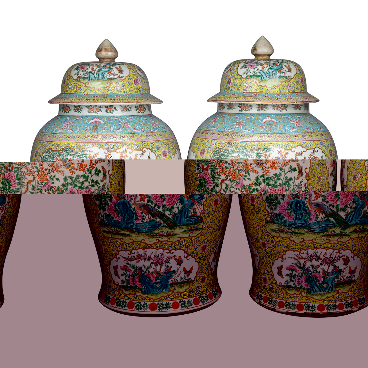 Pair of Large Famille Rose ‘Nonya’ Yellow Ground Jars and Covers, Late 19th Century
