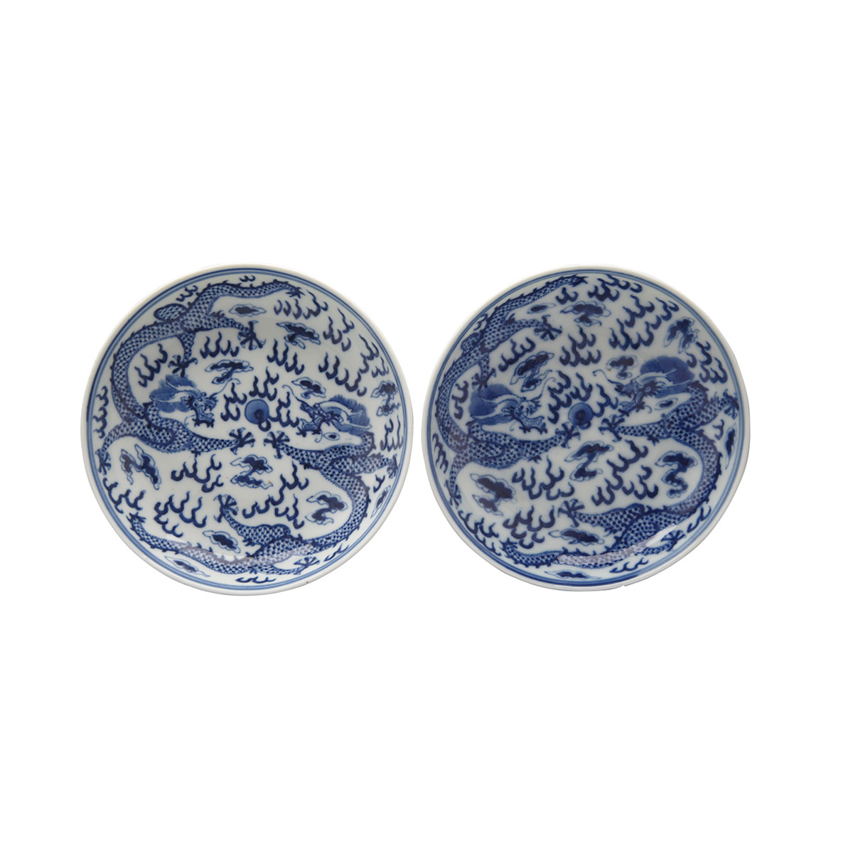 Pair of Blue and White Dragon Dishes, Guangxu Mark