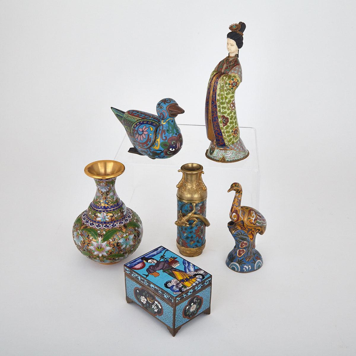 Group of Six Cloisonne Enamel Wares, China, Mid-20th Century