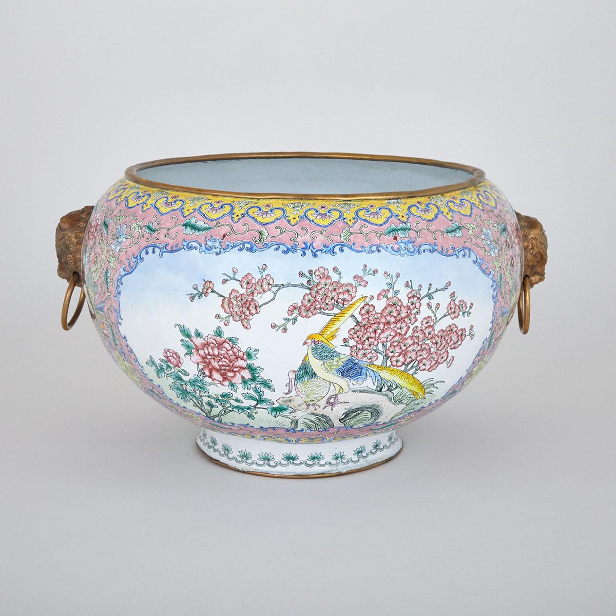 Massive Export Enamel ‘Pheasant’ Punch Bowl, 19th/20th Century