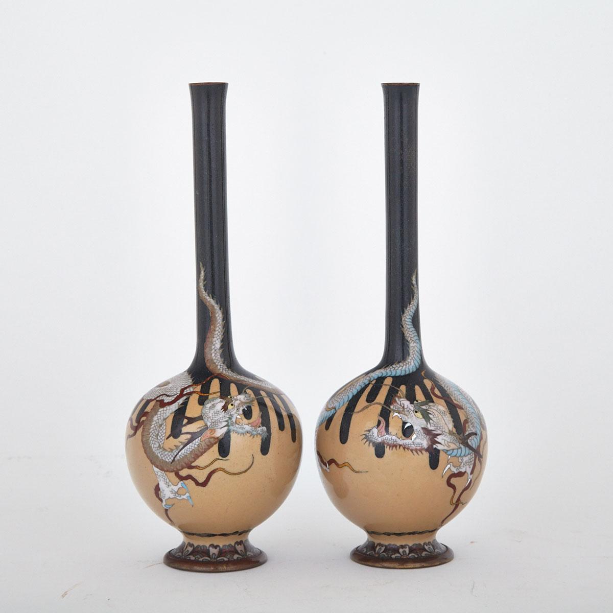 Pair of Cloisonné Enamel Dragon Bottle Vases, Japan, Early 20th Century