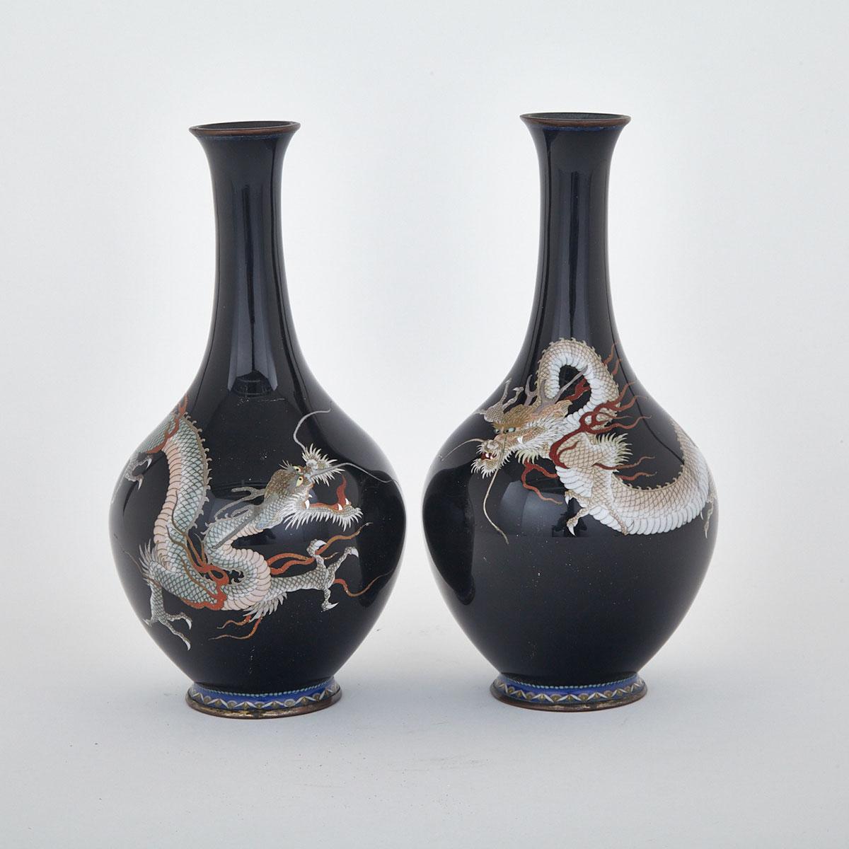 Pair of Mirror Black Ground Cloisonné Enamel Dragon Vases, Japan, Early 20th Century