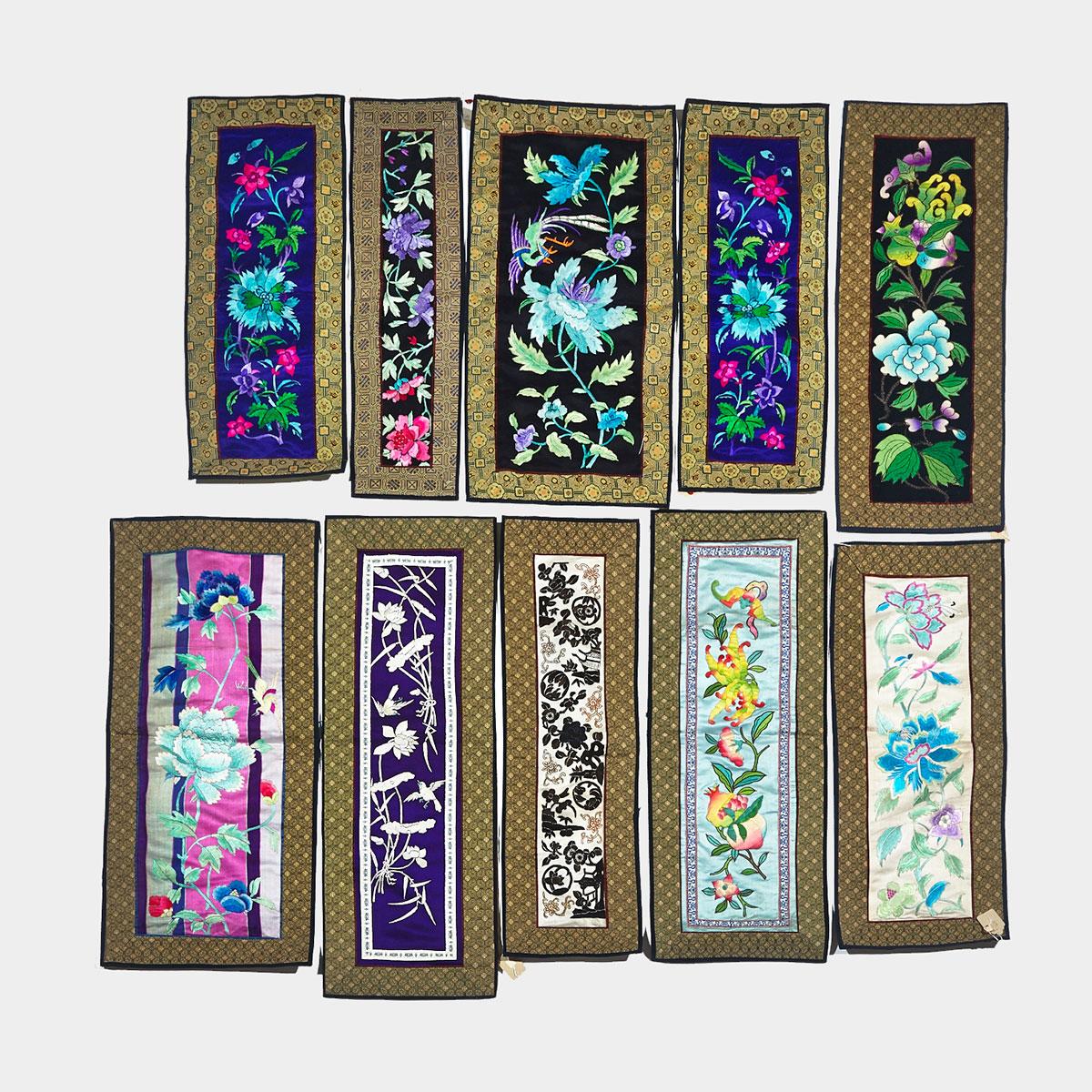 Ten Vertical Silk Embroidered Panels