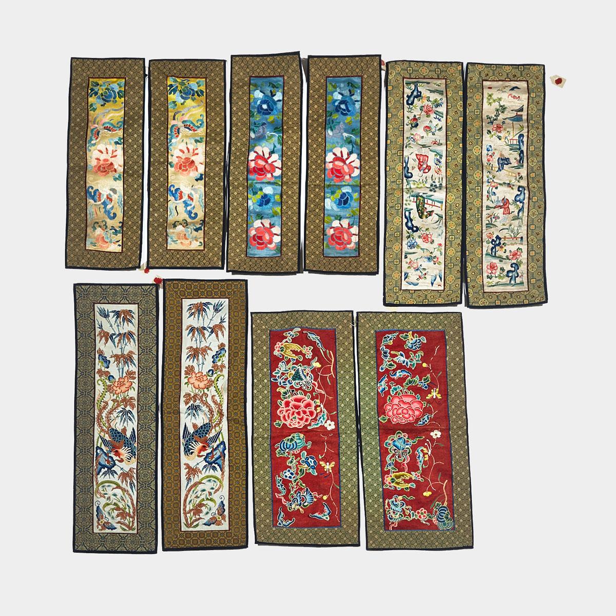 Five Pairs of Silk Embroidered Panels, Early 20th Century