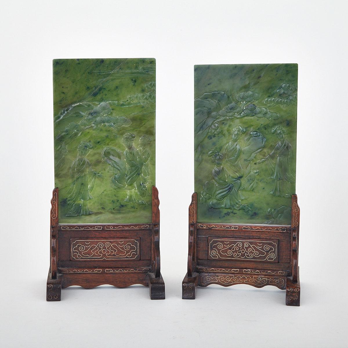 Pair of Spinach Green Jade Table Screens