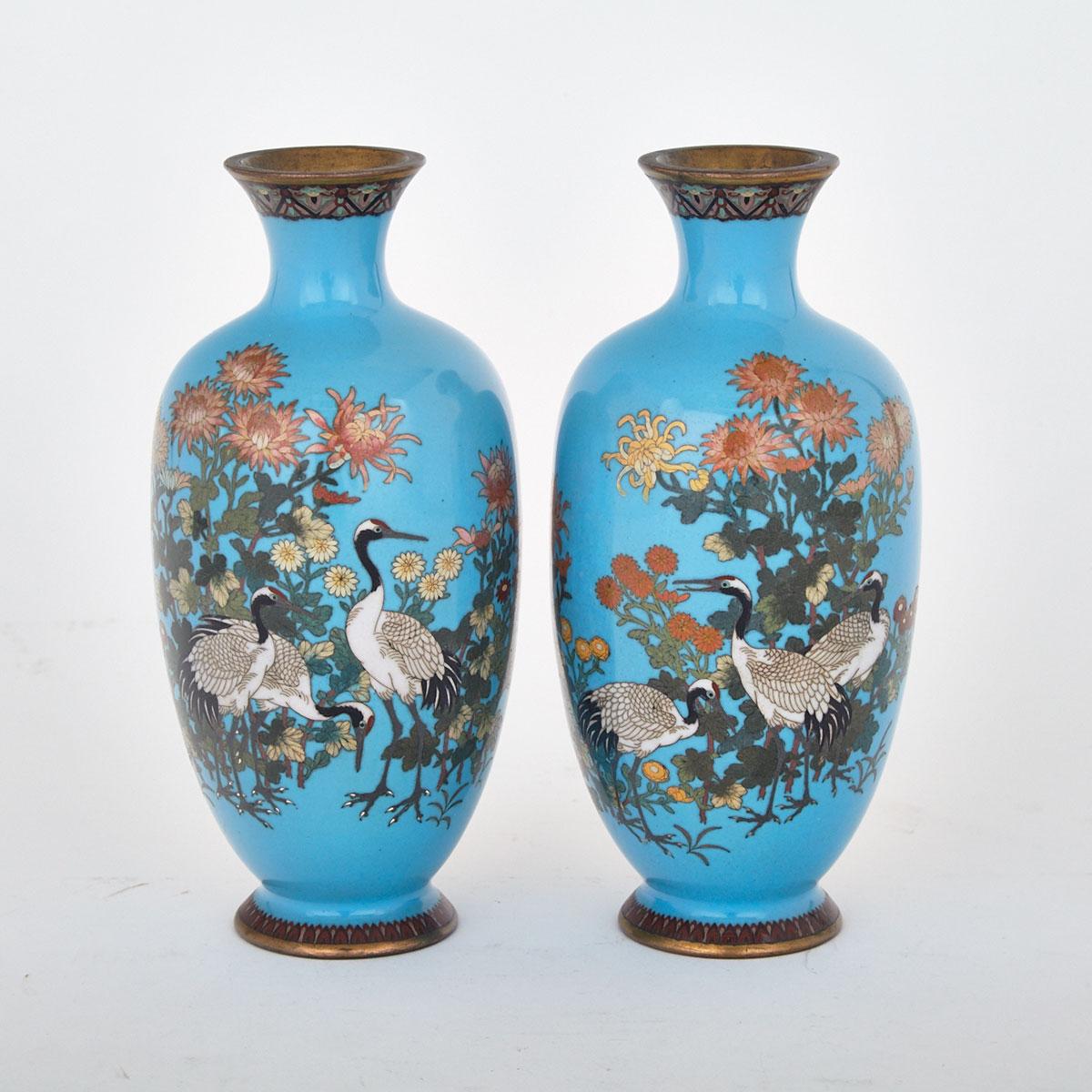 Pair of Blue Ground Cloisonné Enamel Longevity Crane Vases, Japan, First-Half 20th Century