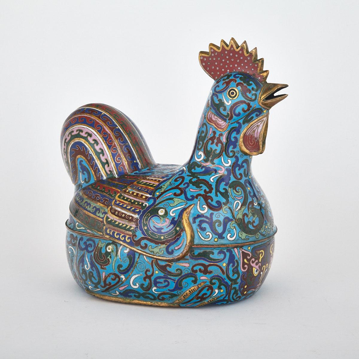 Large Cloisonné Enamel Rooster-Form Soup Tureen and Cover, China 