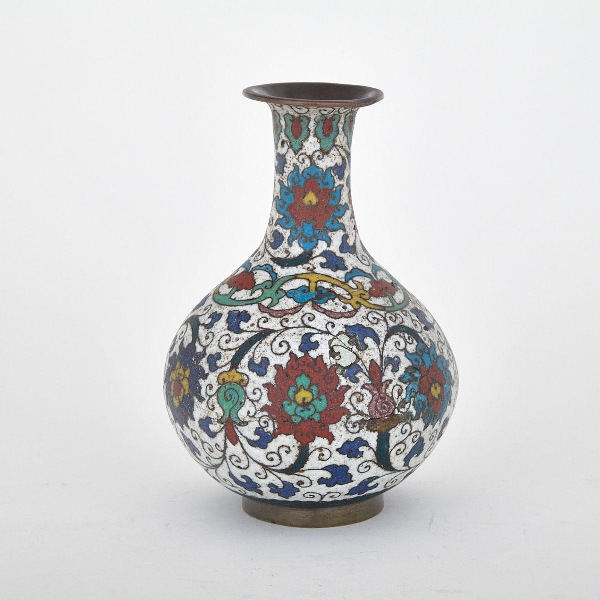 White Ground Ming-Style Cloisonné Enamel Lotus Bottle Vase, China, 19th/20th Century