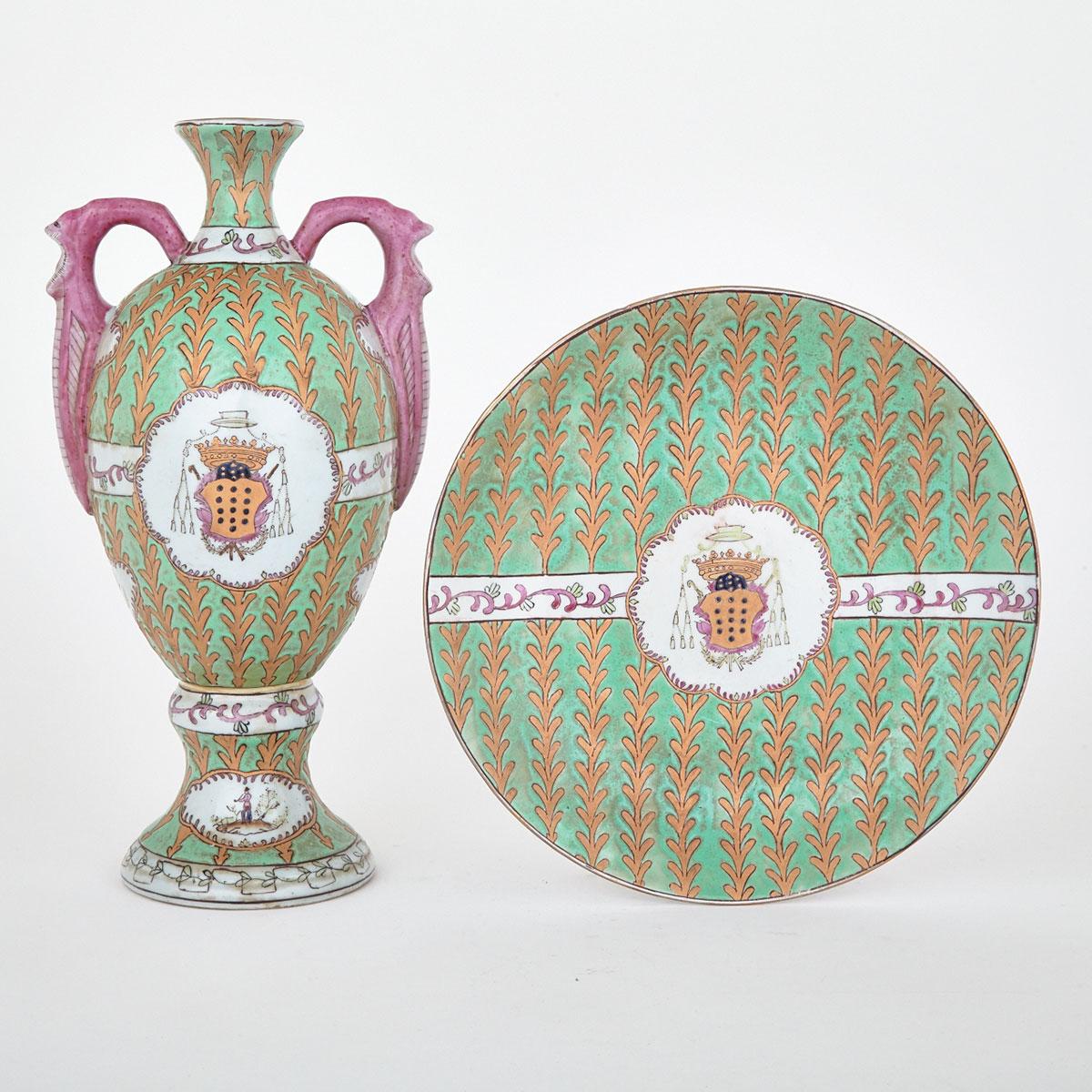 Export Lime Green Armorial Vase and Charger, 19th/20th Century