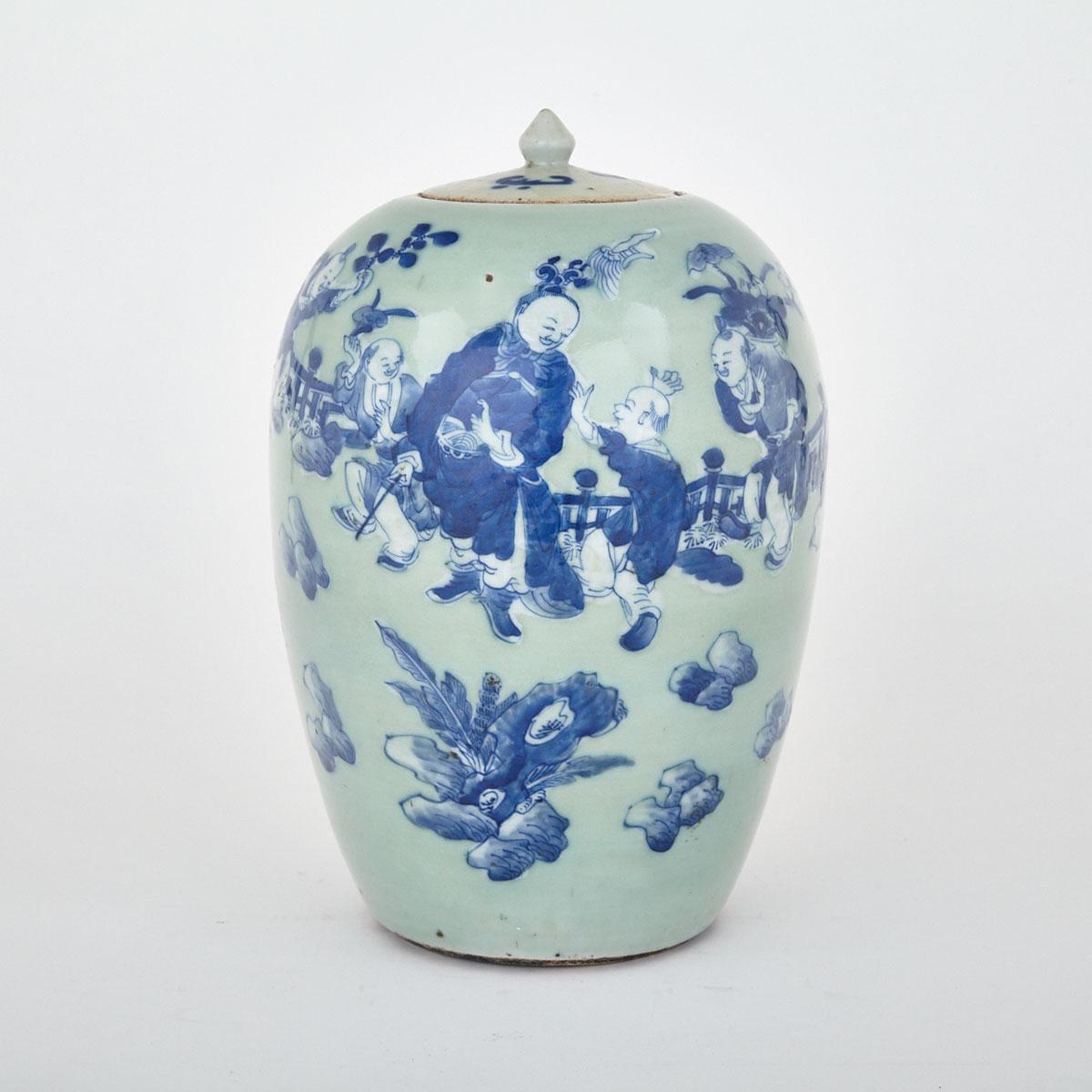 Blue and White Turquoise Ground Jar and Cover, Early 20th Century