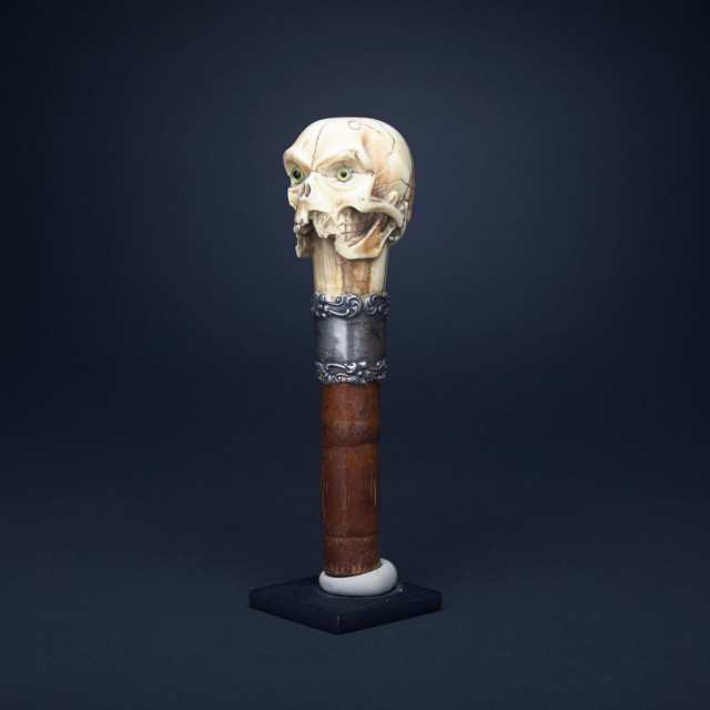 Carved Ivory Memento Mori Skull Form Walking Stick Handle, 19th century