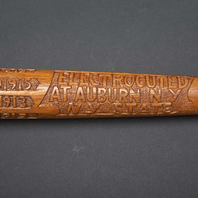 Turned and Carved Oak Walking Stick Bearing Names and Dates of the Executions of 55 Men Executed by Electric Chair at Auburn Prison, New York Between 1890-1916